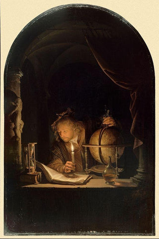 Astronomer by Candlelight, late 1650s White Modern Wood Framed Art Print with Double Matting by Dou, Gerrit