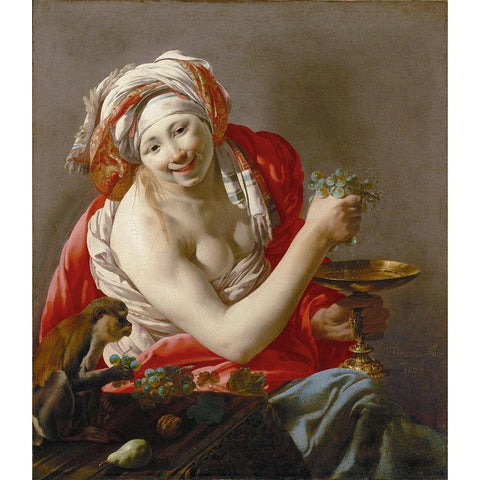 Bacchante with an Ape White Modern Wood Framed Art Print by ter Brugghen, Hendrick