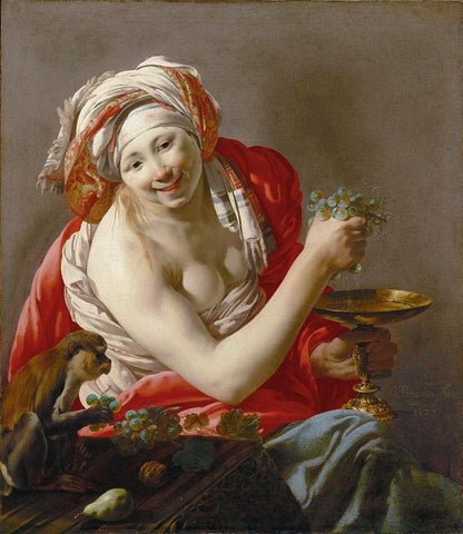 Bacchante with an Ape Black Ornate Wood Framed Art Print with Double Matting by ter Brugghen, Hendrick