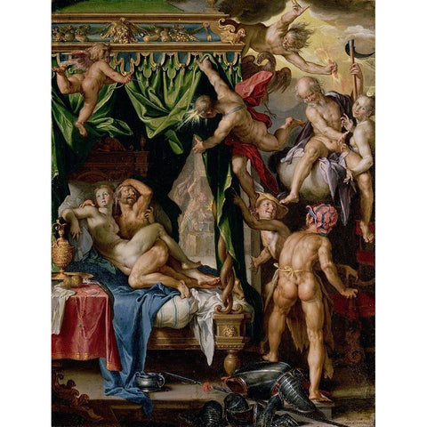 Mars and Venus Surprised by Vulcan Gold Ornate Wood Framed Art Print with Double Matting by Wtewael, Joachim