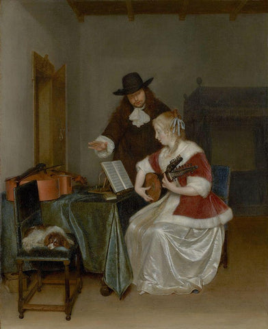 The Music Lesson White Modern Wood Framed Art Print with Double Matting by ter Borch, Gerard