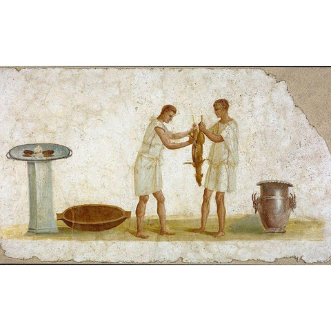 Fragment of a Fresco Panel with a Meal Preparation Gold Ornate Wood Framed Art Print with Double Matting by Unknown 2nd Century Roman Artisan