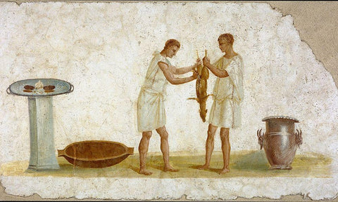 Fragment of a Fresco Panel with a Meal Preparation White Modern Wood Framed Art Print with Double Matting by Unknown 2nd Century Roman Artisan