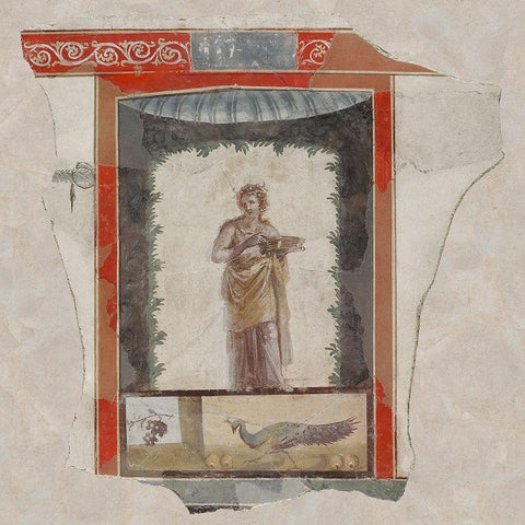 Fresco Depicting a Woman (Maenad) Holding a Dish, Peacock and Fruit Below Black Modern Wood Framed Art Print with Double Matting by Unknown 1st Century Roman Artisan