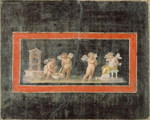 Fresco Fragment with Cupids and Psyche Making Perfume Black Ornate Wood Framed Art Print with Double Matting by Unknown 1st Century Roman Artisan