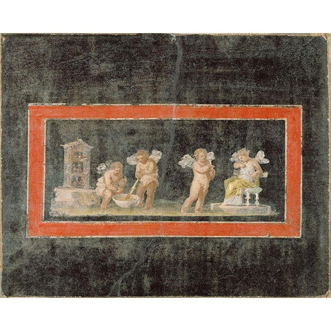 Fresco Fragment with Cupids and Psyche Making Perfume Black Modern Wood Framed Art Print by Unknown 1st Century Roman Artisan