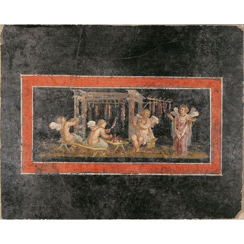 Fresco Fragment with Four Cupids Hanging Garlands Gold Ornate Wood Framed Art Print with Double Matting by Unknown 1st Century Roman Artisan