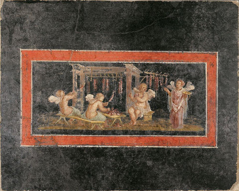 Fresco Fragment with Four Cupids Hanging Garlands Black Ornate Wood Framed Art Print with Double Matting by Unknown 1st Century Roman Artisan