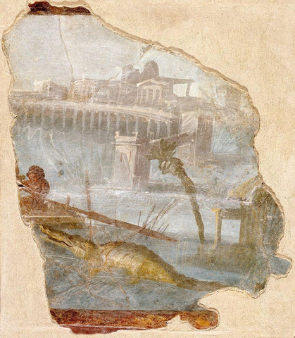 Fresco Fragment with Nilotic Landscape Black Ornate Wood Framed Art Print with Double Matting by Unknown 1st Century Roman Artisan