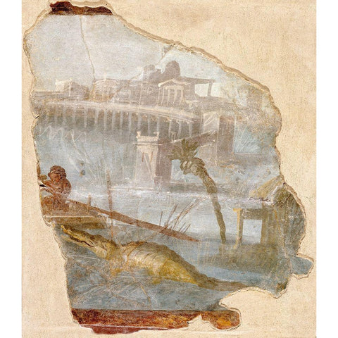 Fresco Fragment with Nilotic Landscape Black Modern Wood Framed Art Print by Unknown 1st Century Roman Artisan