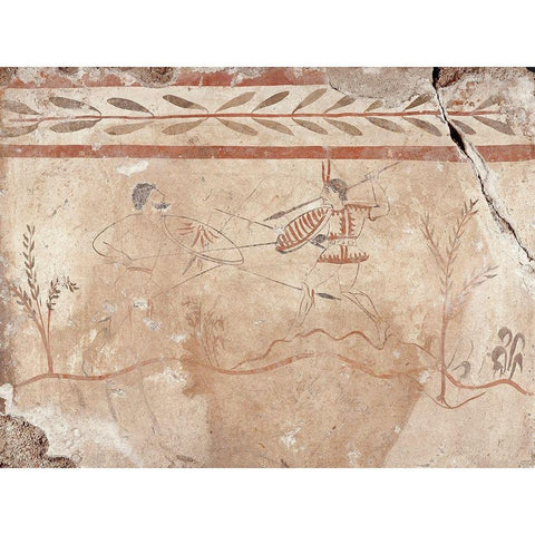 Fresco Panel with Two Warriors Black Modern Wood Framed Art Print with Double Matting by Unknown 4th Century BCE Greek Artisan