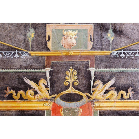 Wall Fragment with Bulls Head and Winged Sea Monsters on Black Ground Gold Ornate Wood Framed Art Print with Double Matting by Unknown 1st Century Roman Artisan