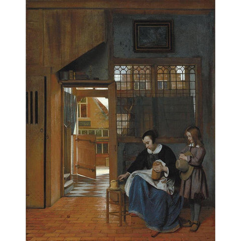 A Woman Preparing Bread and Butter for a Boy Black Modern Wood Framed Art Print with Double Matting by de Hooch, Pieter