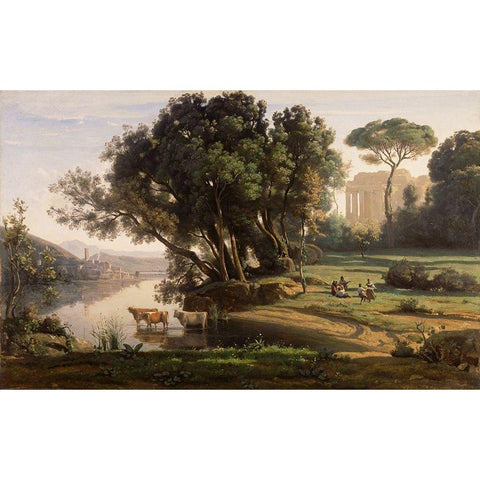 Italian Landscape (Soleil Levant) Gold Ornate Wood Framed Art Print with Double Matting by Corot, Jean-Baptiste-Camille