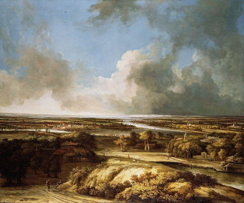 A Panoramic Landscape Black Ornate Wood Framed Art Print with Double Matting by Koninck, Philips