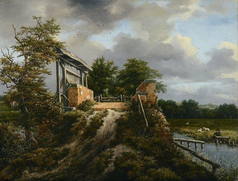 Bridge with a Sluice White Modern Wood Framed Art Print with Double Matting by van Ruisdael, Jacob