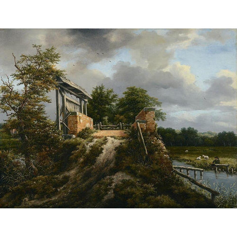 Bridge with a Sluice Gold Ornate Wood Framed Art Print with Double Matting by van Ruisdael, Jacob