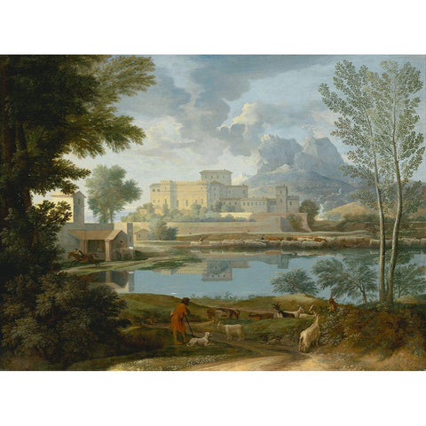 Landscape with a Calm (Un Temps calme et serein) Black Modern Wood Framed Art Print with Double Matting by Poussin, Nicolas