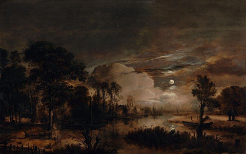Moonlit Landscape with a View of the New Amstel River and Castle Kostverloren Black Ornate Wood Framed Art Print with Double Matting by van der Neer, Aert