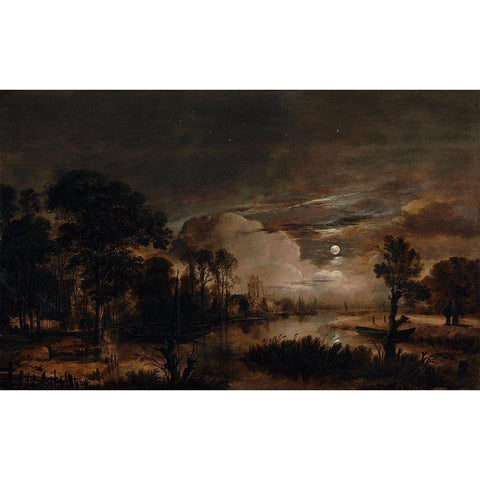 Moonlit Landscape with a View of the New Amstel River and Castle Kostverloren Gold Ornate Wood Framed Art Print with Double Matting by van der Neer, Aert