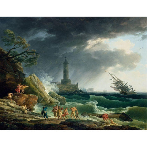 A Storm on a Mediterranean Coast Black Modern Wood Framed Art Print with Double Matting by Vernet, Claude-Joseph