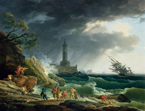 A Storm on a Mediterranean Coast Black Ornate Wood Framed Art Print with Double Matting by Vernet, Claude-Joseph