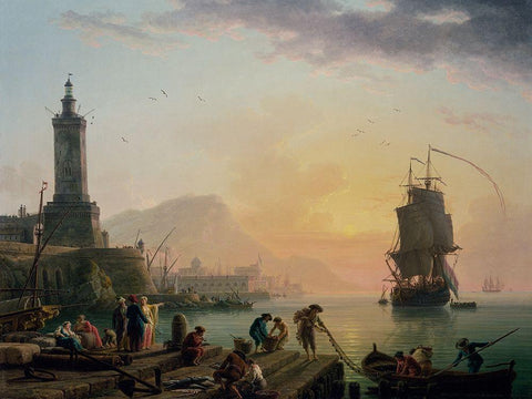 A Calm at a Mediterranean Port White Modern Wood Framed Art Print with Double Matting by Vernet, Claude-Joseph