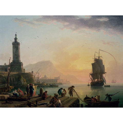 A Calm at a Mediterranean Port Gold Ornate Wood Framed Art Print with Double Matting by Vernet, Claude-Joseph