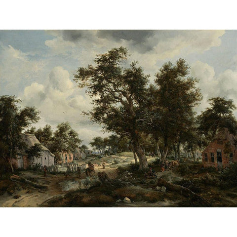 A Wooded Landscape with Travelers on a Path through a Hamlet White Modern Wood Framed Art Print by Hobbema, Meindert