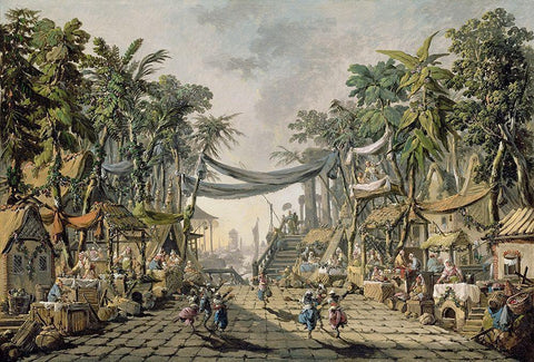 Market Scene in an Imaginary Oriental Port Black Ornate Wood Framed Art Print with Double Matting by Pillement, Jean-Baptiste