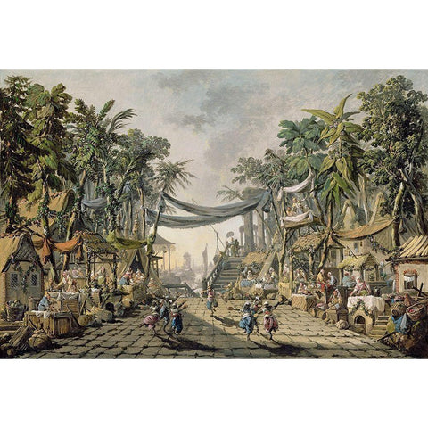 Market Scene in an Imaginary Oriental Port White Modern Wood Framed Art Print by Pillement, Jean-Baptiste