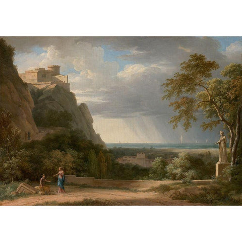 Classical Landscape with Figures and Sculpture White Modern Wood Framed Art Print by de Valenciennes, Pierre-Henri