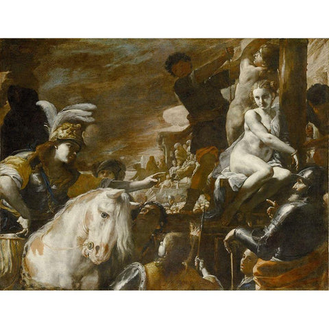 Clorinda Rescuing Sofronia and Olindo White Modern Wood Framed Art Print by Preti, Mattia