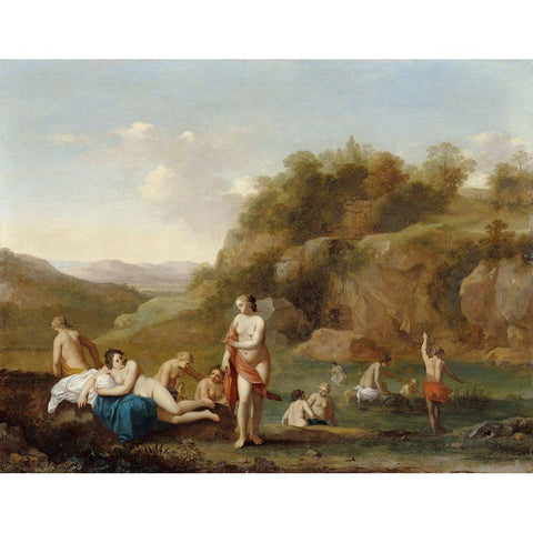 Landscape with Bathing Nudes White Modern Wood Framed Art Print by van Poelenburgh, Cornelis