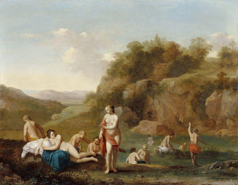 Landscape with Bathing Nudes White Modern Wood Framed Art Print with Double Matting by van Poelenburgh, Cornelis