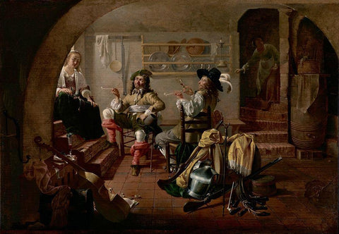 Interior with Soldiers and Women Black Ornate Wood Framed Art Print with Double Matting by Duck, Jacob