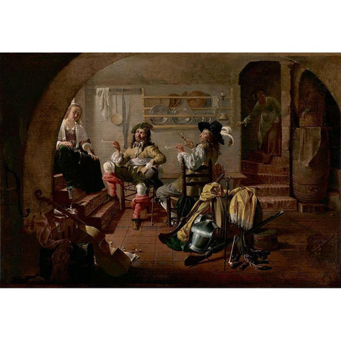Interior with Soldiers and Women Black Modern Wood Framed Art Print by Duck, Jacob