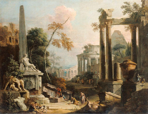 Landscape with Classical Ruins and Figures Black Ornate Wood Framed Art Print with Double Matting by Ricci, Marco