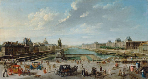 A View of Paris from the Pont Neuf Black Ornate Wood Framed Art Print with Double Matting by Raguenet, Jean-Baptiste