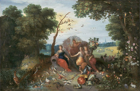 Landscape with Allegories of the Four Elements White Modern Wood Framed Art Print with Double Matting by Brueghel, Jan the Younger