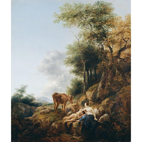 Landscape with a Nymph and a Satyr Black Modern Wood Framed Art Print with Double Matting by Berchem, Nicolaes