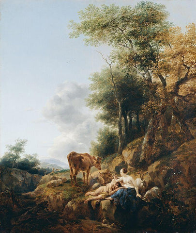 Landscape with a Nymph and a Satyr White Modern Wood Framed Art Print with Double Matting by Berchem, Nicolaes