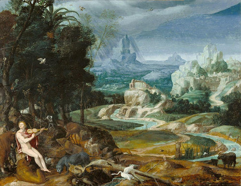 Landscape with Orpheus Black Ornate Wood Framed Art Print with Double Matting by Unknown 16th Century Flemish Painter