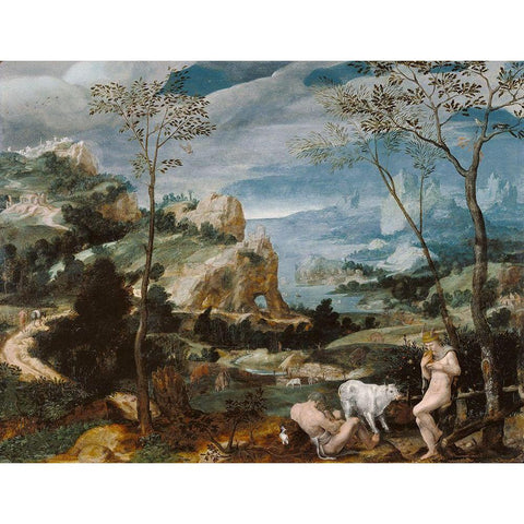 Landscape with Mercury and Argus Black Modern Wood Framed Art Print with Double Matting by Unknown 16th Century Flemish Painter