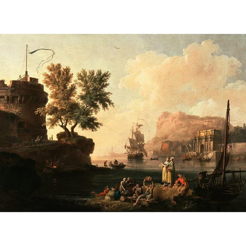 Mediterranean Harbor Scene White Modern Wood Framed Art Print by Volaire, Pierre-Jacques