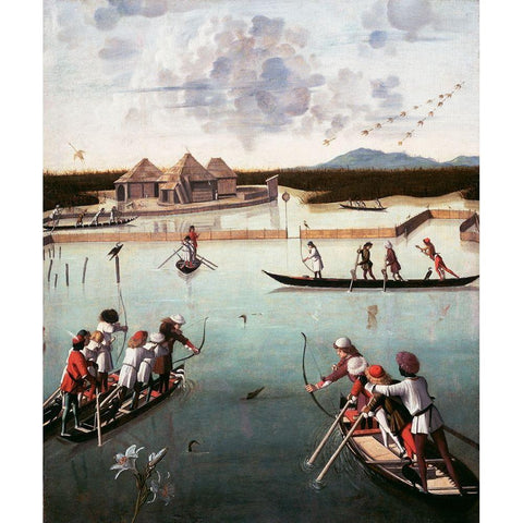Hunting on the Lagoon Gold Ornate Wood Framed Art Print with Double Matting by Carpaccio, Vittore