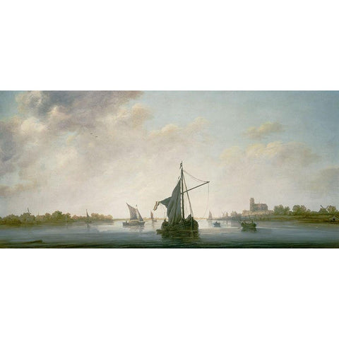 A View of the Maas at Dordrecht Black Modern Wood Framed Art Print with Double Matting by Aelbert, Cuyp