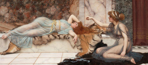 Mischief and Repose Black Ornate Wood Framed Art Print with Double Matting by Godward, John William
