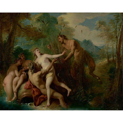 Pan and Syrinx Gold Ornate Wood Framed Art Print with Double Matting by de Troy, Jean-Francois