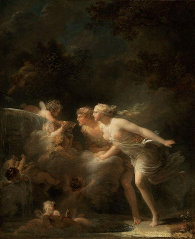 The Fountain of Love Black Ornate Wood Framed Art Print with Double Matting by Fragonard, Jean-Honore